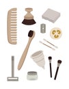 Set of zero waste cosmetics reusable products: menstrual cup, razor, comb, toothbrush, soap, ear sticks, jar, brush, and a washclo