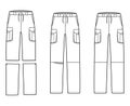 Set of Zip-off convertible pants technical fashion illustration with low waist, box pleated cargo pockets, drawstring Royalty Free Stock Photo