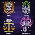 Set of zodiac astrology horoscope neon sign leo, virgo, libra, scorpio linear design. Vector illustration. Elegant line