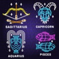 Set of zodiac astrology horoscope neon sign sagittarius, capricorn, pisces, aquarius linear design. Vector illustration Royalty Free Stock Photo