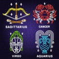 Set of zodiac astrology horoscope neon sign sagittarius, virgo, cancer, aquarius linear design. Vector illustration Royalty Free Stock Photo