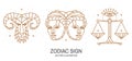 Set of zodiac astrology horoscope sign libra, gemini, aries linear design. Vector illustration. Elegant line art symbol Royalty Free Stock Photo