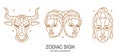 Set of zodiac astrology horoscope sign taurus, gemini, virgo linear design. Vector illustration. Elegant line art symbol Royalty Free Stock Photo