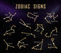 Set with zodiac constellations against night sky with stars