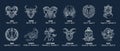 Set of zodiac signs, astrological horoscope signs. Contour white drawings on a blue background. Icons Royalty Free Stock Photo