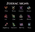 Set Zodiac signs, Colorful zodiacs, Icons for the design of Esoteric, astrologic maps, calendars. Vector elements on Royalty Free Stock Photo
