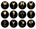 Set of zodiac signs, gold signs on a black round background. Horoscope icons vector Royalty Free Stock Photo