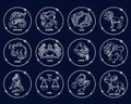 Set of zodiac signs in white shiny circles. White outline on a blue background. Icons vector Royalty Free Stock Photo