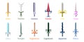 Set of 12 Zodiac Swords isolated on white background. Zodiacal Weapon Collection. Zodiac Sign. Flat Cartoon Zodiacal Weapon. Royalty Free Stock Photo