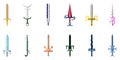 Set of 12 Zodiac Swords isolated on white background. Zodiacal Weapon Collection. Zodiac Sign. Flat Cartoon Zodiacal Weapon.