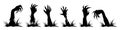 Set of Zombie hands black silhouette.  A zombie hand crawls out of the ground.  Scary hands suitable for Halloween. Royalty Free Stock Photo