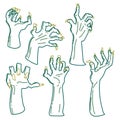 A set of zombie hands in linear style on a white background. An isolated collection of rotten blue hands. Hands from the Royalty Free Stock Photo