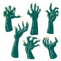 A set of zombie hands in retro style with highlights on a white background. An isolated collection of rotten blue hands Royalty Free Stock Photo