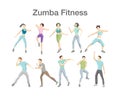 Set of zumba dancers. Group of fitness people doing exercices