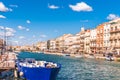 SETE, FRANCE - SEPTEMBER 10, 2017: View of the royal canal in Sete. Copy space for text. Royalty Free Stock Photo