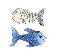 Seth blue fish and fish skeleton. Children`s watercolor illustration