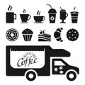 Seth Coffe truck. Coffee in mugs and cups. Delicious coffee treats. Sale of a flavored drink from a mobile coffee shop.