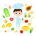 Seth cook, vegetables, fruits and ingredients. Boy and avocado, champignon, egg, casserole, ladle, fried eggs, corn.