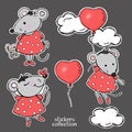 Seth with cute funny mice. Mouse with flowers, butterfly and balloon. Collection of stickers. Royalty Free Stock Photo