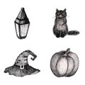 Seth drawn by hand in black ink in sketch style. cat, pumpkin, witch hat and street lamp