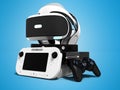 Seth game console with glasses virtual reality headphones 3d render on blue background with shadow