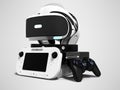 Seth game console with glasses virtual reality headphones 3d render on gray background with shadow