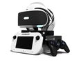 Seth game console with glasses virtual reality headphones 3d render on white background with shadow