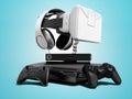 Seth game consoles with joysticks for doubles with virtual reality glasses 3d render on blue background with shadow