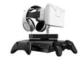Seth game consoles with joysticks for doubles with virtual reality glasses 3d render on white background no shadow