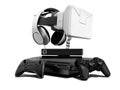 Seth game consoles with joysticks for doubles with virtual reality glasses 3d render on white background with shadow