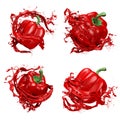 Seth, pack, collection of beautiful, abstract red background with pepper and splash of juice. 3d illustration, 3d rendering