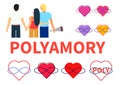 Seth polyamory. Two guys and a girl hold hands and hug. Several symbols of polyamoria - hearts and infinity sign in Royalty Free Stock Photo