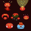 Seth pumpkins for halloween. Suitable for stickers. Emotional cartoon pumpkins festive on a dark background. Children`s set