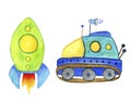 Seth space transport. Rocket and moon rover on a white background