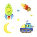 Seth space transport. Rocket and moon rover on a white background