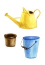 Seth yellow, garden watering can, blue bucket, flower pot, icons.