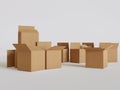 Setof Cardboards moving boxes in a studio with white background and copyspace minimalist concept