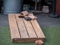 Sets of beanbags in competitive game of cornhole on a lumber platform