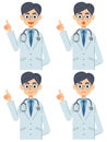 A vector illustration set of 4 different facial expressions of a doctor wearing a white coat and wearing a stethoscope.