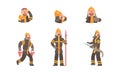 Sets of Firefighters, Firemen in Protective Uniform with Professional Equipment Cartoon Vector Illustration