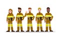 Sets of Firefighting team in yellow uniform. flat Fireman character design. vector illustration