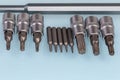 Sets of interchangeable torx bits for screwdriver and mini screwdriver Royalty Free Stock Photo