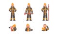 Sets of Professional Firefighters, Firemen Characters in Uniform with Fighting Tools Cartoon Vector Illustration