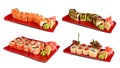 Sets of sushi rolls in red plates Royalty Free Stock Photo