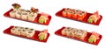 Sets of sushi rolls in red plates Royalty Free Stock Photo