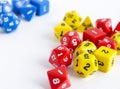 Sets of yellow, blue and red dices for rpg, dnd or board games on white background Royalty Free Stock Photo