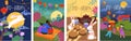 Set of four colorful cartoon Mid-Autumn poster designs depicting a leaping rabbit, bunnies tea party, and family with