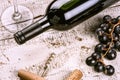 Setting with bottle of red wine, grape and corks Royalty Free Stock Photo