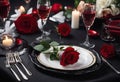 setting Romantic table rose red birthday romantic View black tablecloth champagne nner linen Royalty Free Stock Photo