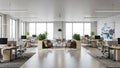 Modern Open- Plan Office Interior with Rows of Desks, Natural Light, and Green Plants Keywords: office, interior Royalty Free Stock Photo